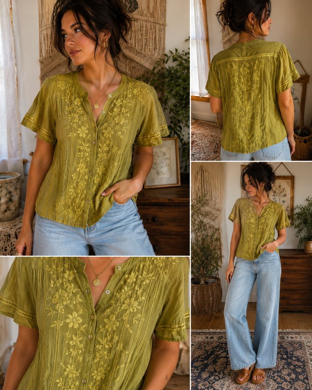 Johnny Was Embroidered Cupra Rayon Peasant Blouse Green Boho Cottagecore Small